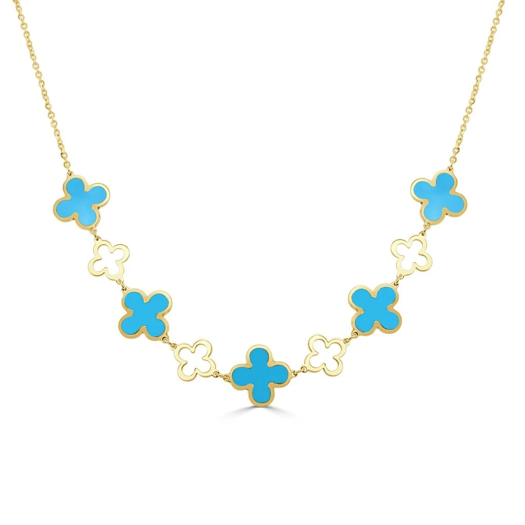 Italian Gold 14K Yellow Gold Alternating Clover
Open Clover Necklace 9 Stations - Turquoise
