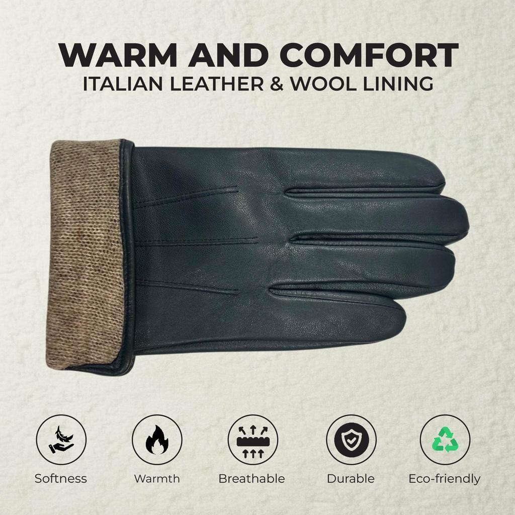Infinity Leather Men’s Navy Blue Italian Leather Warm Wool Lining Winter Riding Driving Casual Gloves