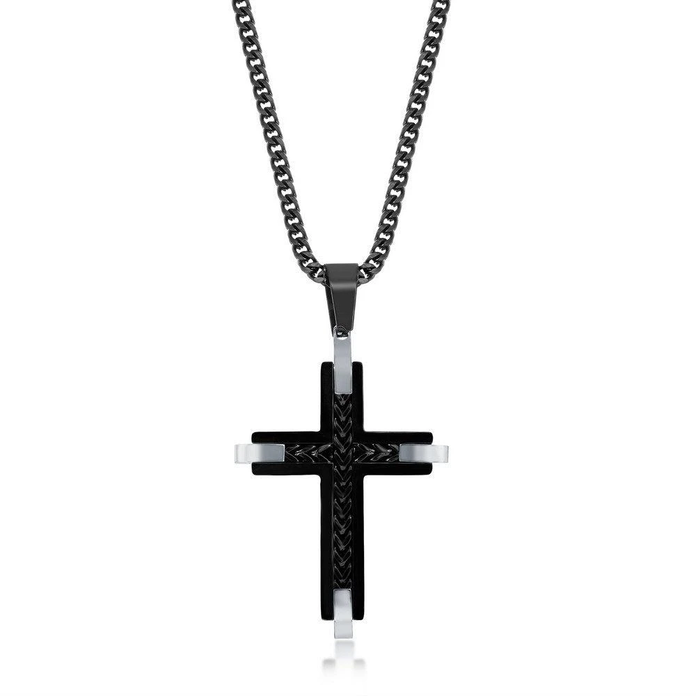 Blackjack Stainless Steel Black & Silver Chevron Cross Necklace 1