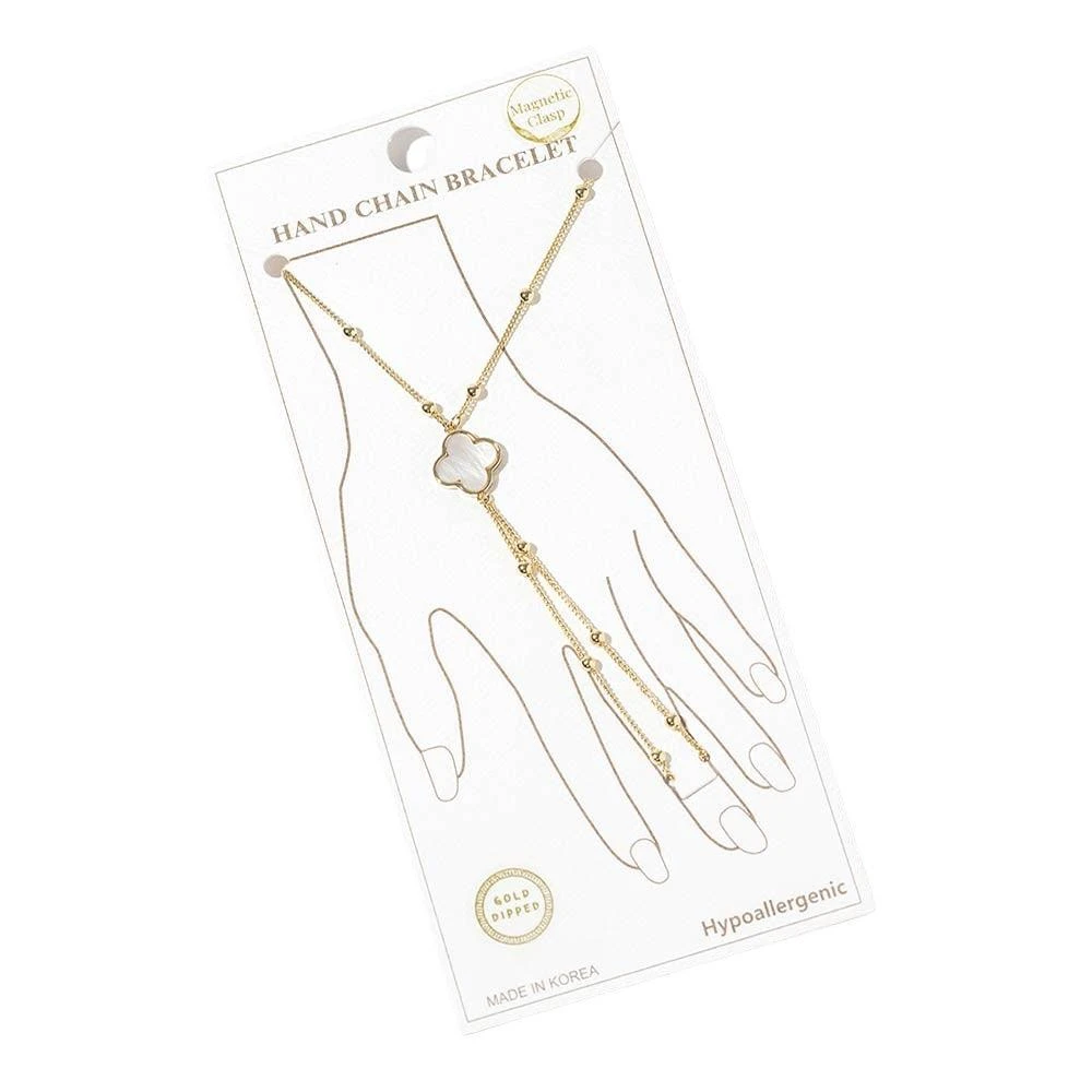 FASHNZFAB Gold Dipped Beaded Mother of Pearl Quatrefoil Accent Hand Chain Magnetic Bracelet 2