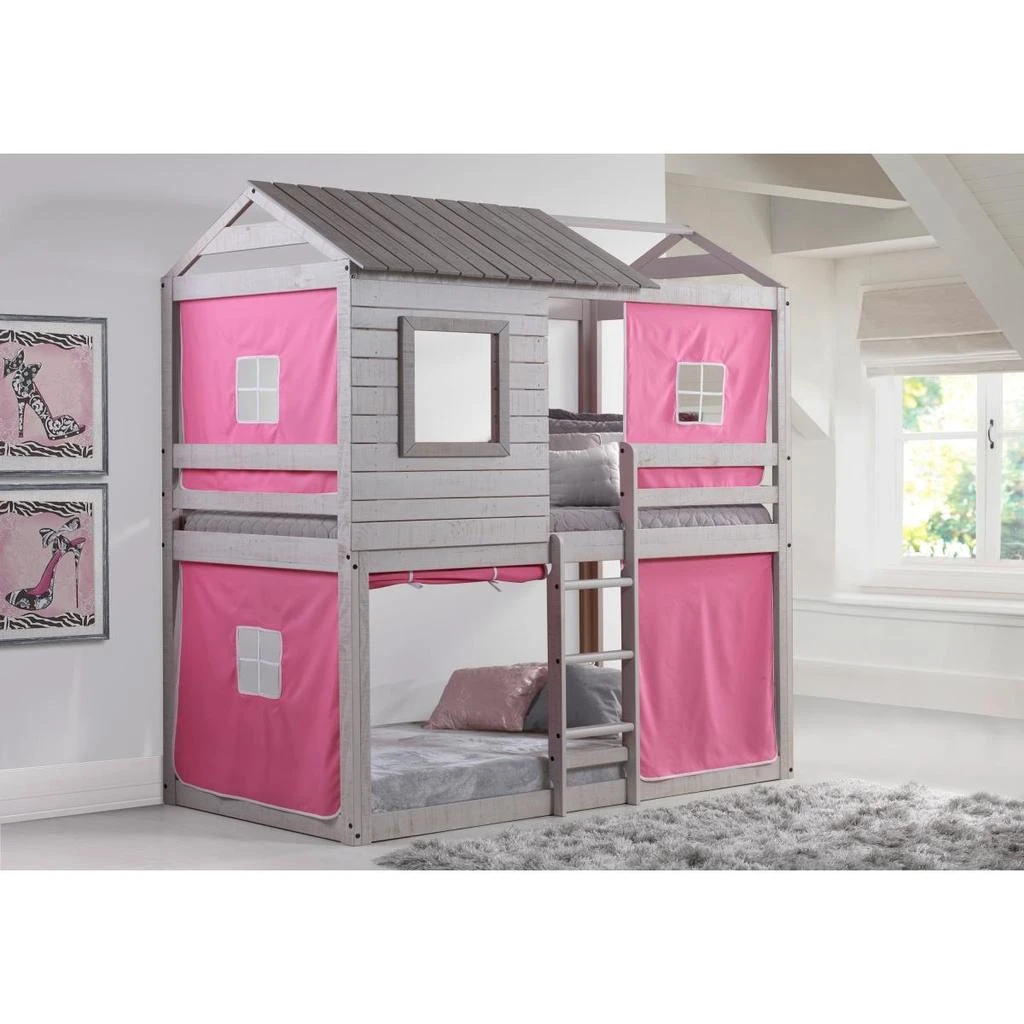 Donco Kids Donco kids PD-1370TTLG-P Deer Blind Twin Over Twin Bunk Loft with Pink Tent - Light Gray 1