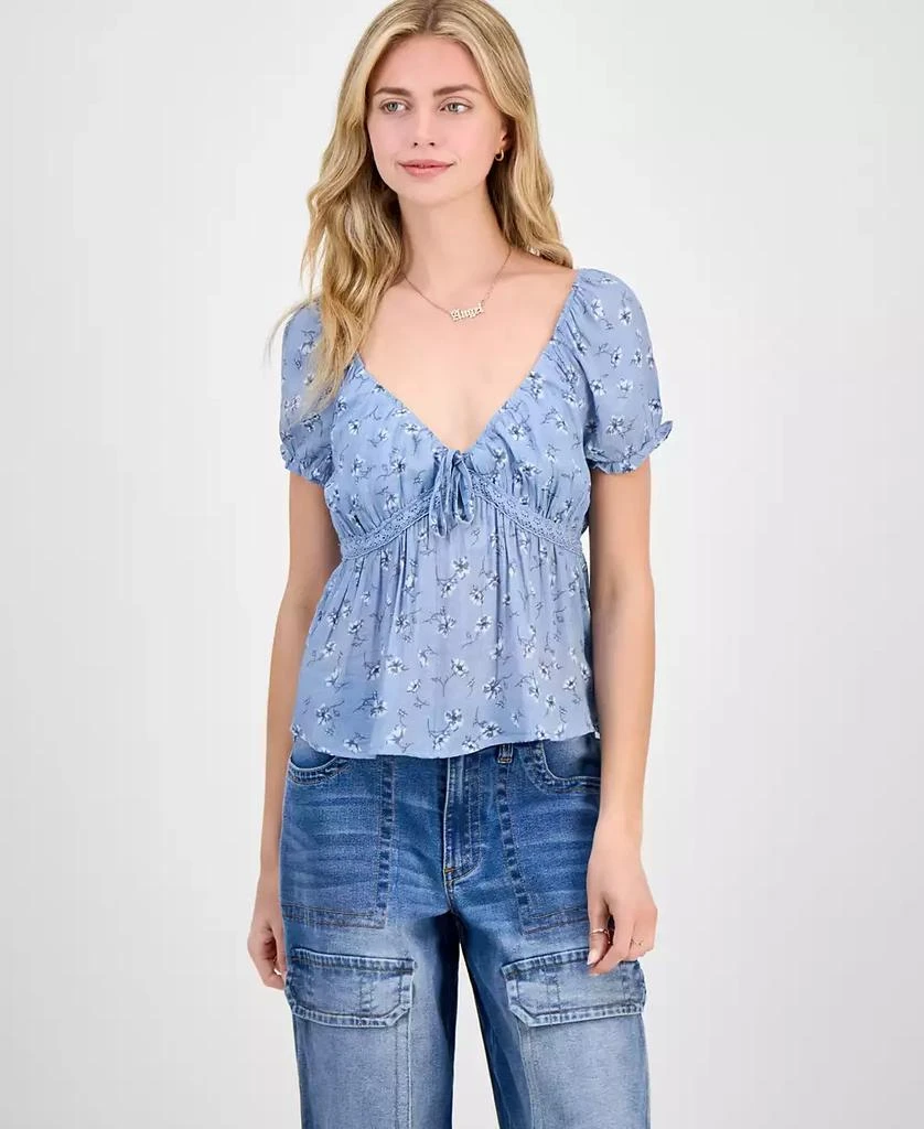 Planet Gold Juniors' Floral-Print Puff-Sleeve Babydoll Top 1