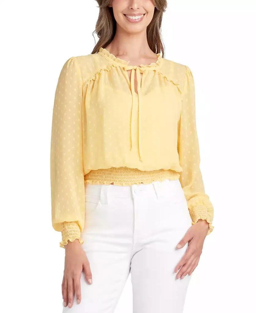 BCX Juniors' Clip-Dot Ruffle-Neck Smocked Blouse 1