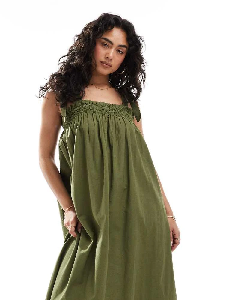 Miss Selfridge Miss Selfridge strappy poplin maxi smock dress in olive 2