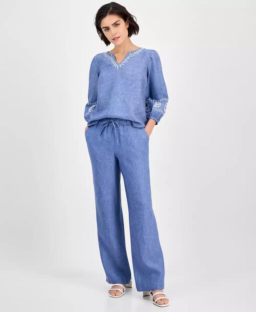 Charter Club Women's Embroidered Woven 100% Linen Eyelet Top, Exclusively at Macy's