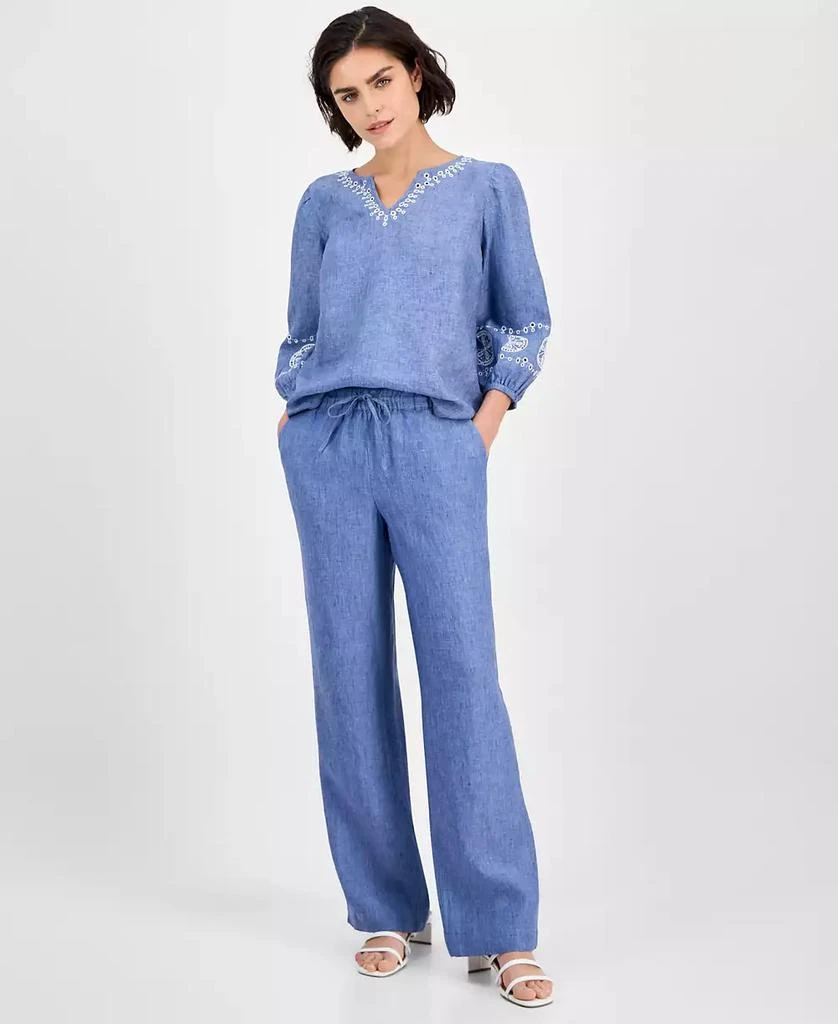 Charter Club Women's Embroidered Woven 100% Linen Eyelet Top, Exclusively at Macy's 2