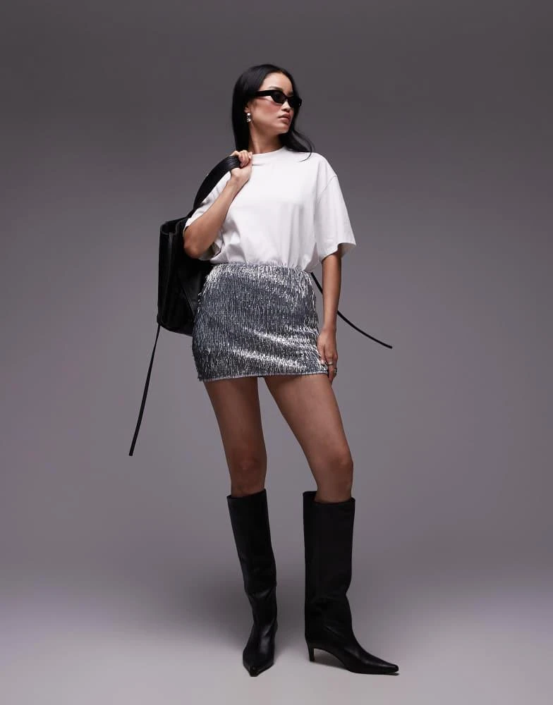 Topshop Topshop needle embellished mini skirt in silver 3