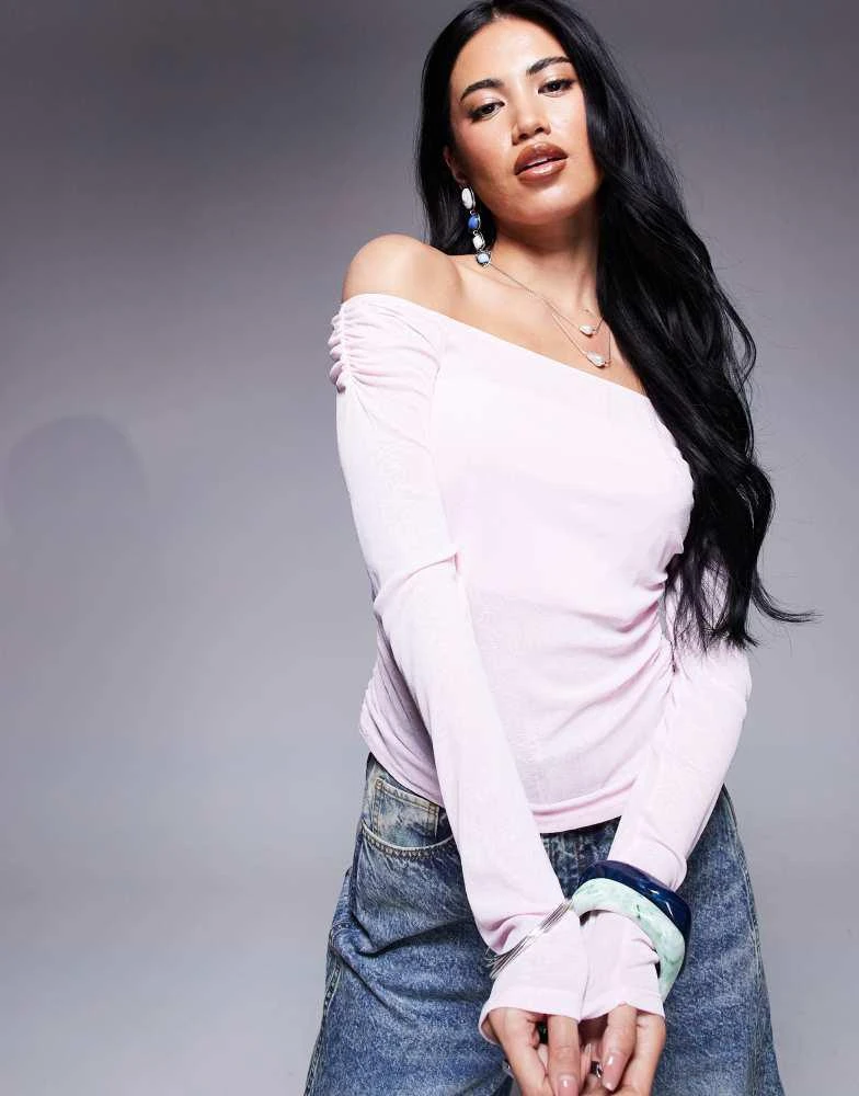ASOS ASOS DESIGN off shoulder ruched long sleeve top in pastel pink 1
