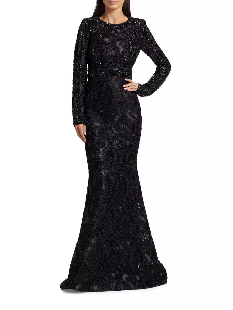 Badgley Mischka Embellished Long-Sleeve Gown