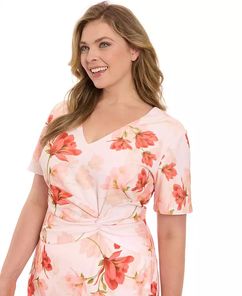 London Times Plus Size Floral Side-Knot Ruffle-Hem Dress