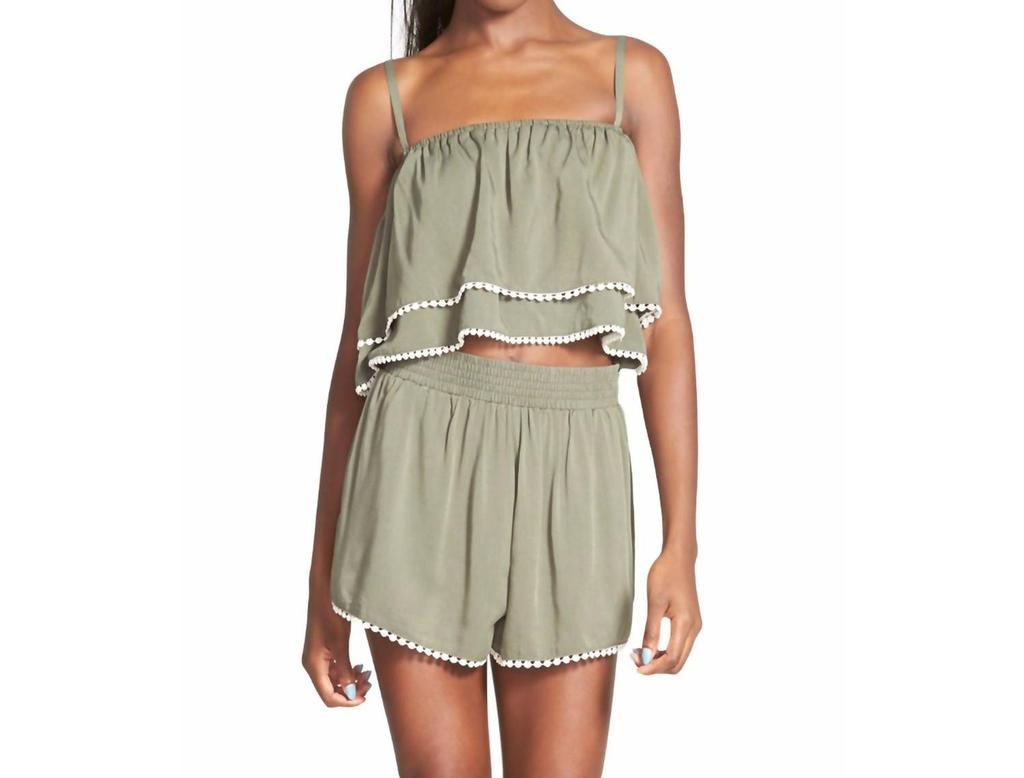 MINKPINK Get Lost Sleeveless Spaghetti Strap Ruffle Crop Top In Khaki Green