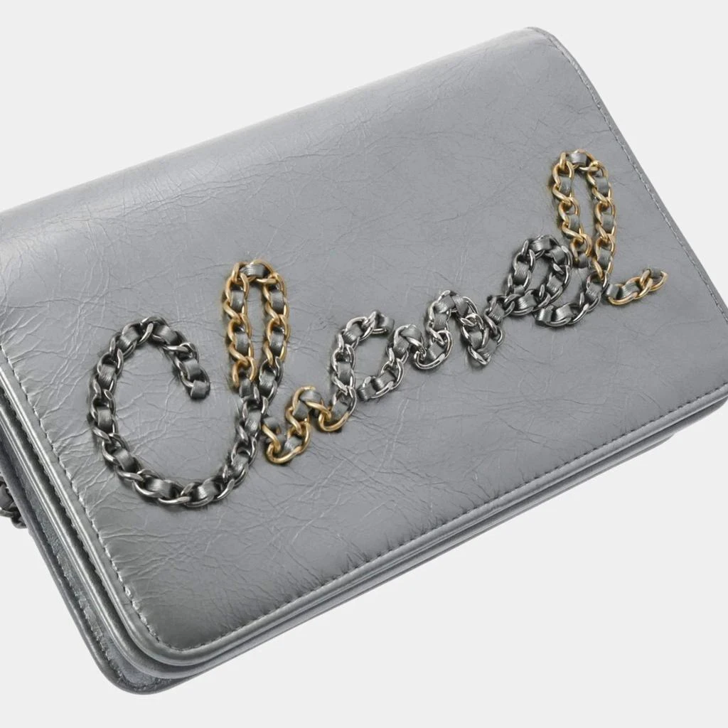 Chanel Chanel Silver Leather Written In Chain Wallet On Chain 4