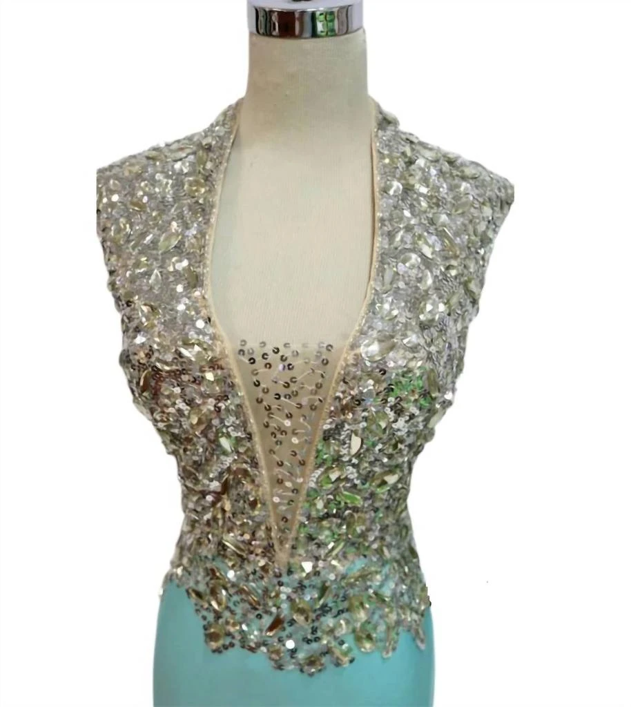 Mac Duggal Crystal And Sequins Embellished Jersey Prom Dress In Aqua/silver 3