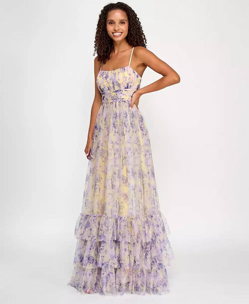 City Studios Juniors' Printed Tulle Ruffle-Hem Gown, Created for Macy's