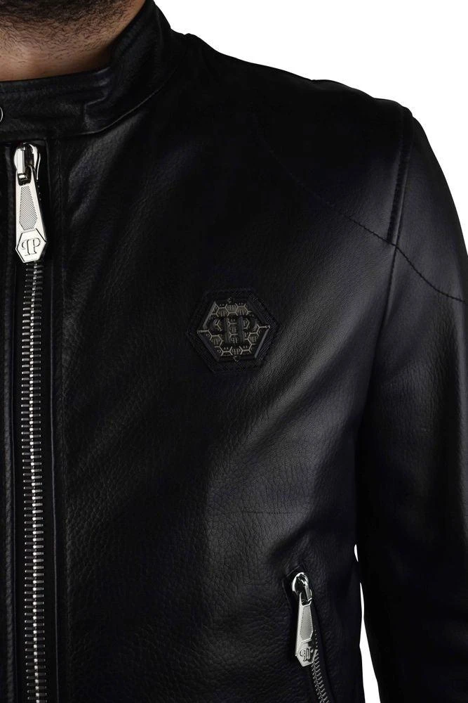 Philipp Plein Black Grained Leather Biker Jacket 2