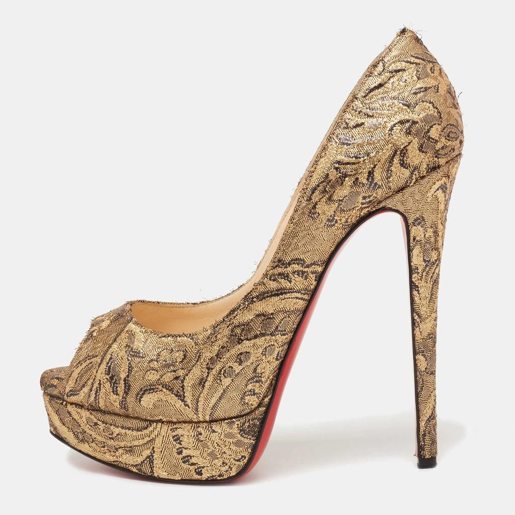 Christian Louboutin Christian Louboutin Gold Brocade Fabric Lady Peep-Toe Platform Pumps Size 38 1