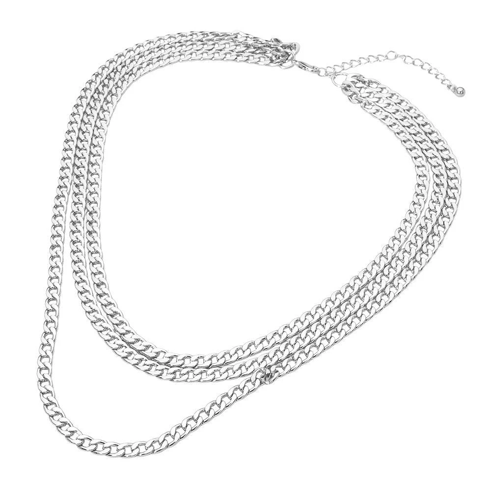 FASHNZFAB Silver Dipped Triple Layer Cuban Chain Necklace 3