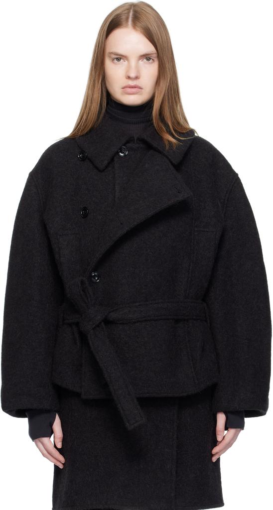 Shop Black Short Asymmetrical Bathrobe Coat on Sale at BeyondStyle