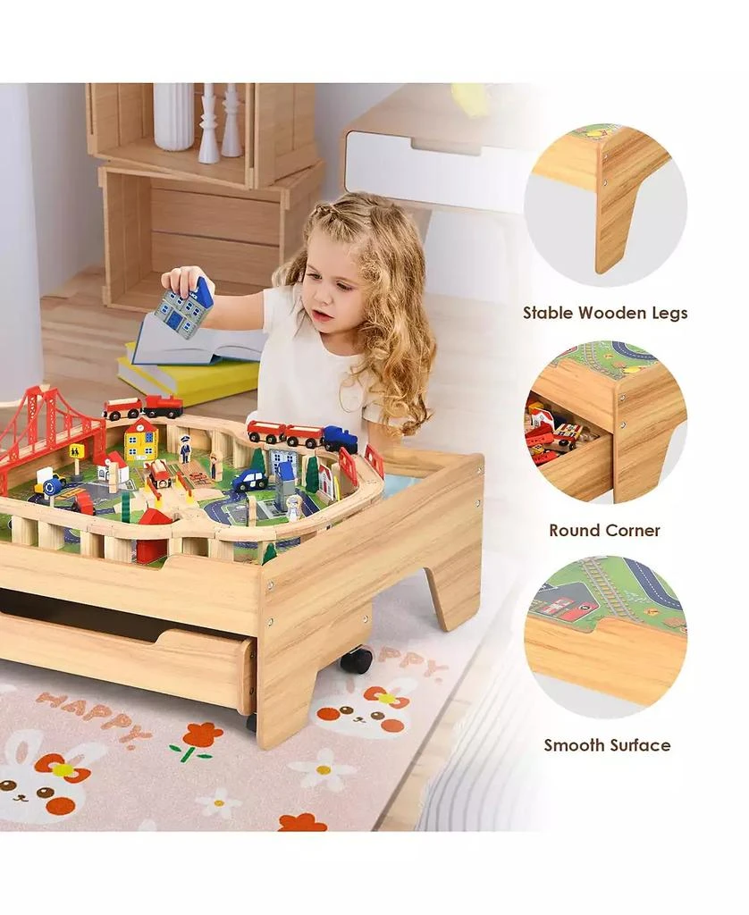 SUGIFT Children
s Wooden Railway Set Table with 100 Pieces Storage Drawers 5