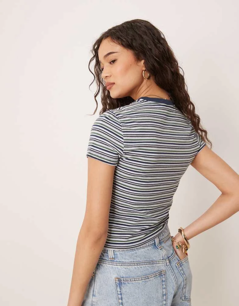 Abercrombie & Fitch Abercrombie & Fitch short sleeve seamless cropped baby tee in navy stripe 3