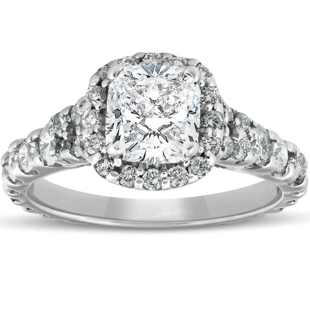 Pompeii3 2 1/2ct Cushion Diamond Halo Engagement Ring 14k White Gold Lab Grown