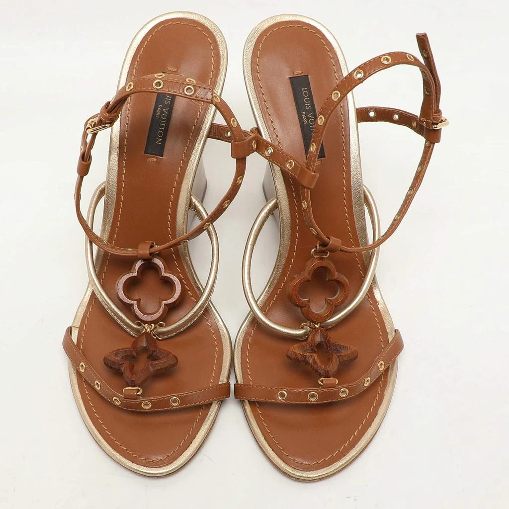 Louis Vuitton Louis Vuitton Brown Leather Eyelet T-Strap Wedge Sandals Size 38.5 3