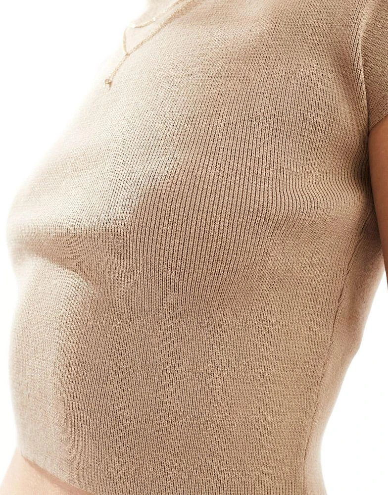 Miss Selfridge Miss Selfridge compact rib knit grown on sleeve tee in taupe 3