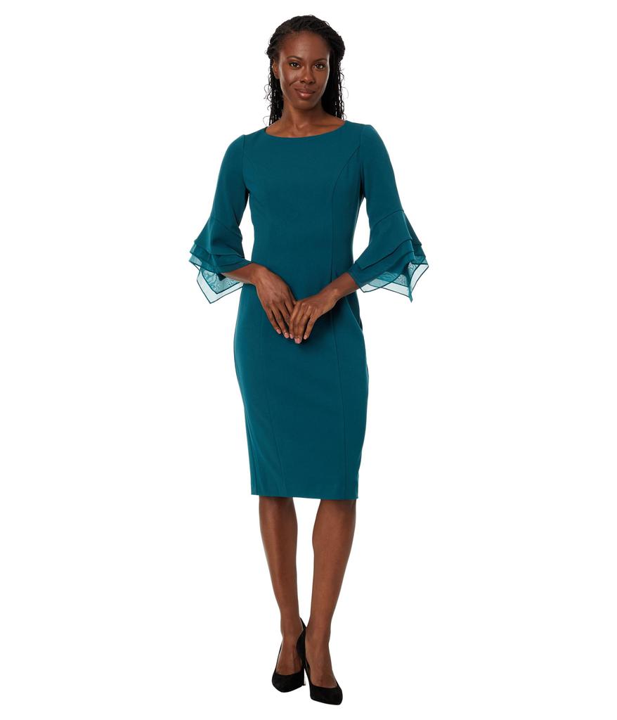 Adrianna Papell Stretch Knit Crepe Sheath Dress with Tiered Organza Bell Sleeve