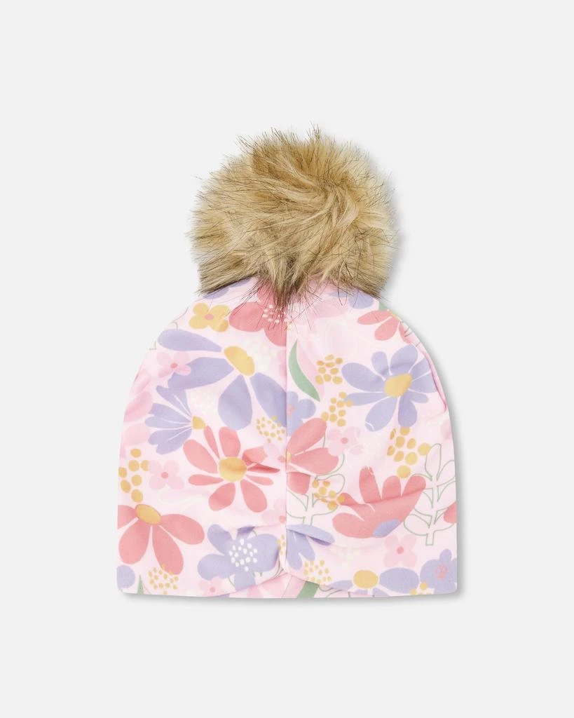 Deux par Deux Stretch Jersey Hat Pink Flower Print with Pompom 3