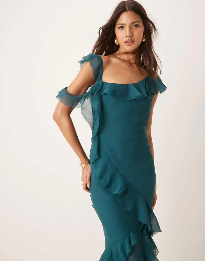 ASOS ASOS DESIGN asymmetric shoulder bias cut maxi dress with ruffle details in pine green 1