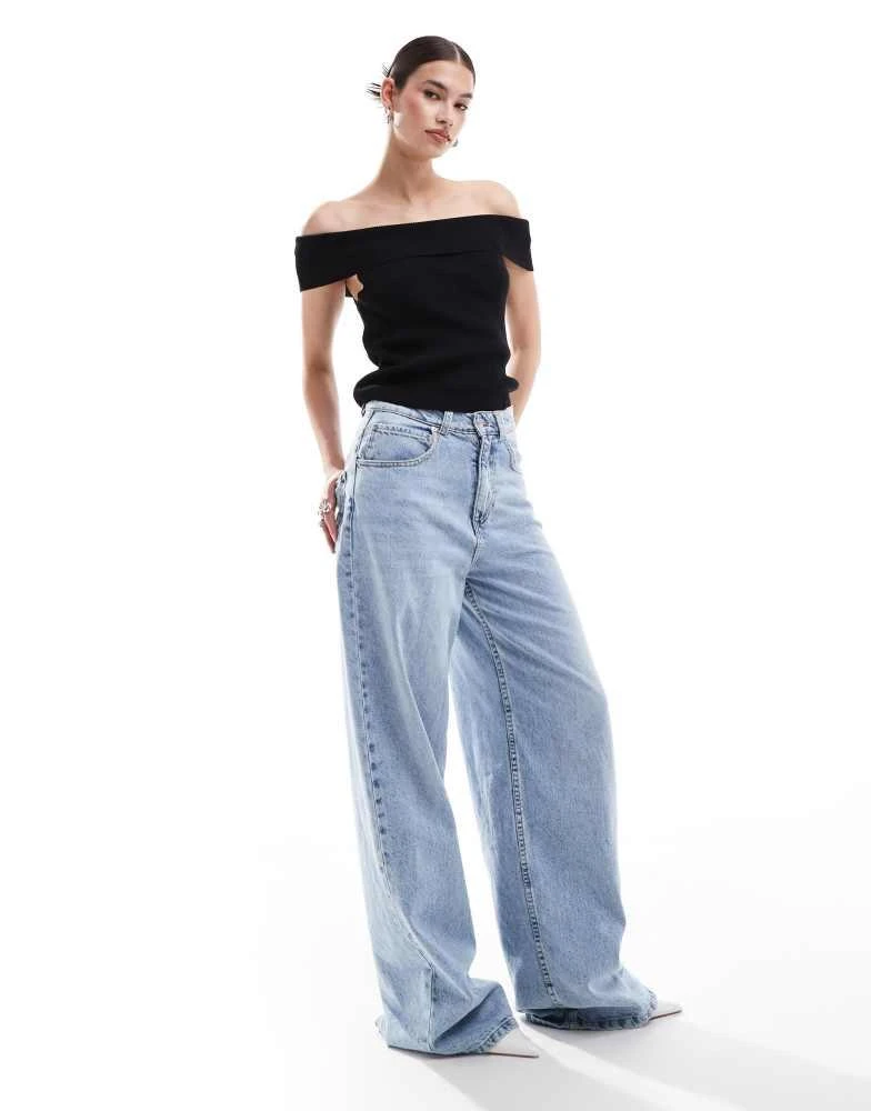 Monki Monki rib knit off shoulder foldover top in black 3