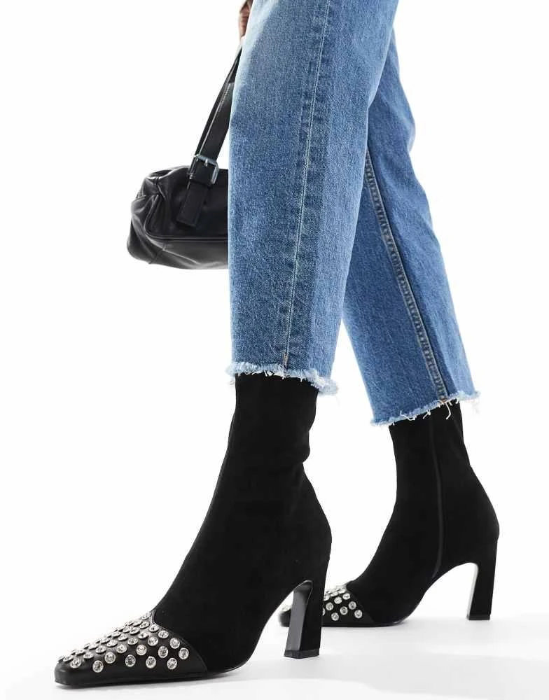 ASOS ASOS DESIGN Rosie mid-heel sock boot in black with studded toe-cap 4