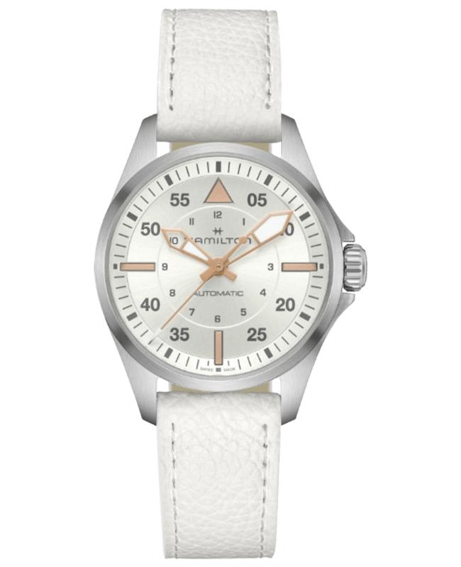 Hamilton Hamilton Khaki Aviation Pilot Auto Silver Dial White Leather Strap Women's Watch H76215850