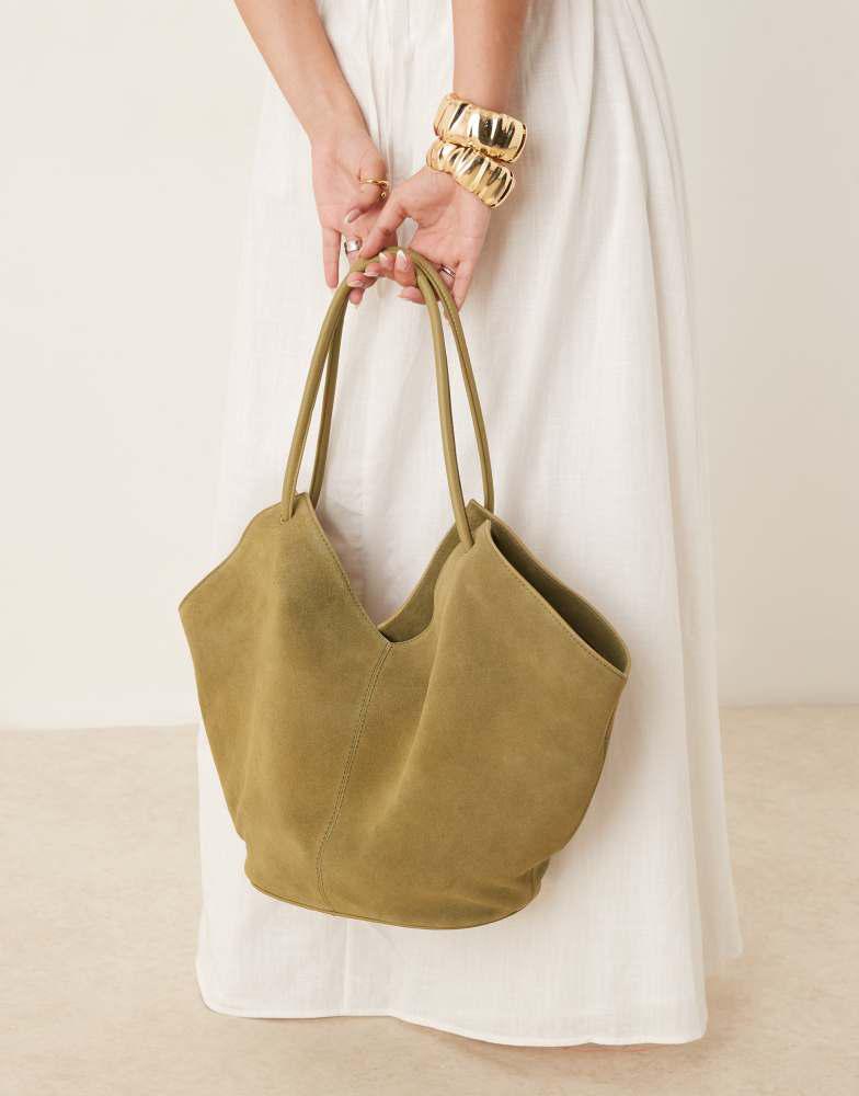 ASOS ASOS DESIGN suede tubular handle vase tote bag in olive