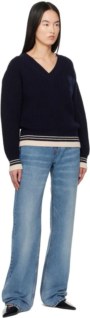 AMI Navy Wool Ribbed V-Neck Sweater 4