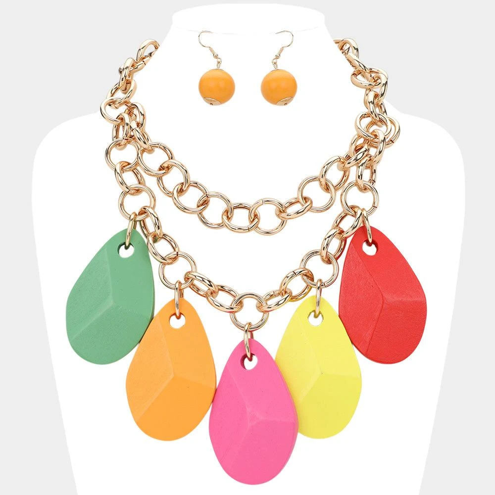 FASHNZFAB Oversized Wooden Teardrop Charm Chunky Double Layered Statement Necklace
