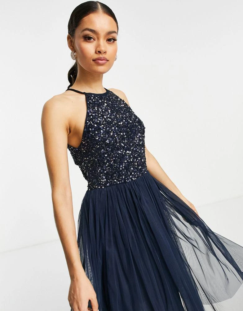Maya Maya Petite Bridesmaid halter neck midi tulle dress with tonal delicate sequins in navy 2