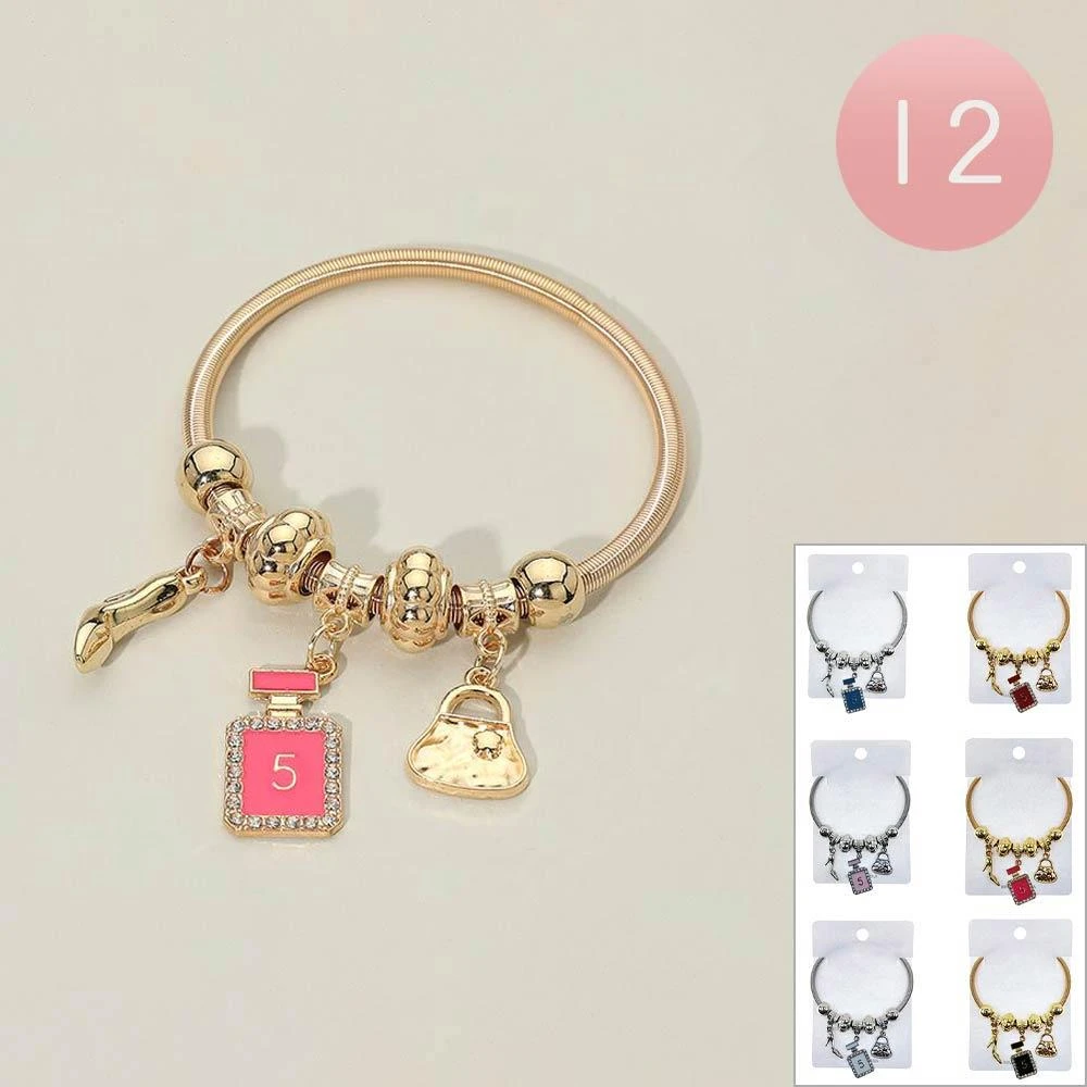 FASHNZFAB 12PCS - Perfume Bottle High Heel Bag Charm Beaded Stretch Bracelets