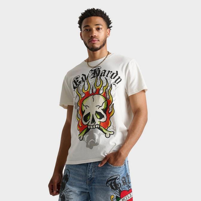 ED HARDY Men's Ed Hardy Flame Skull Rhinestone T-Shirt