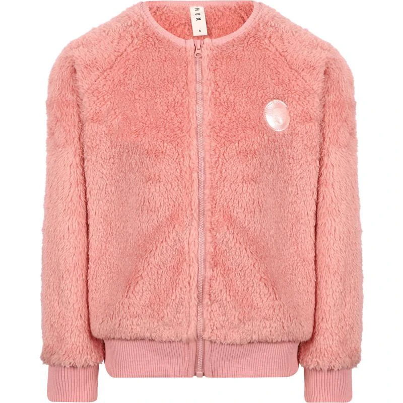 Huxbaby Teddy fur zipped logo jacket in dusty pink 1