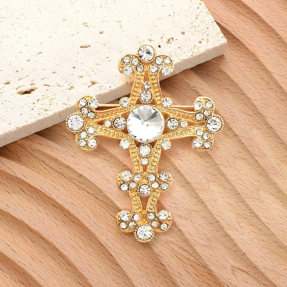 FASHNZFAB Stone Embellished Gothic Cross Pin Brooch