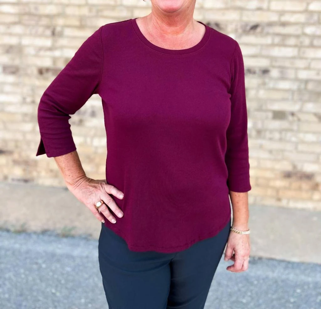 FDJ Three Fourth Sleeve Scoop Neck Top Baby Rib In Cabernet 1