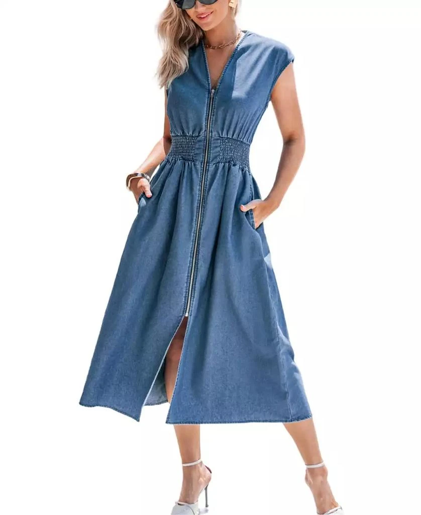 Cupshe Women's Zip-Front Denim Midi Beach Dress - Blue Cupshe Women's Zip-Front Denim Midi Beach Dress - Blue