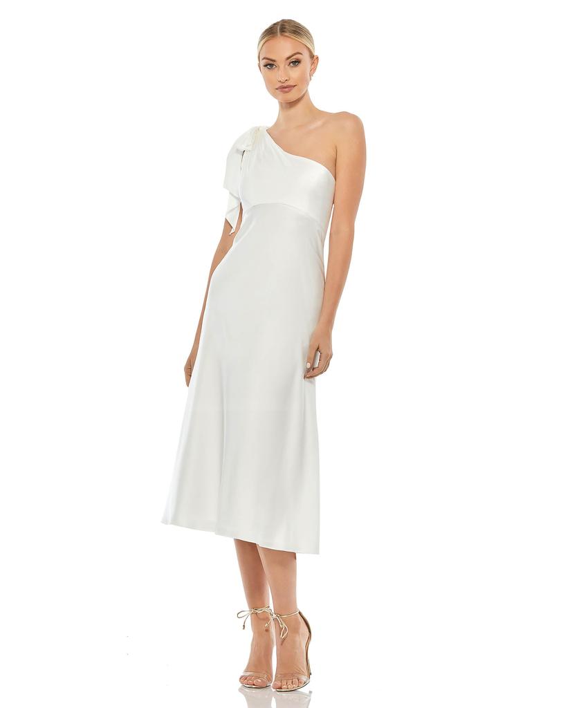 Ieena for Mac Duggal Satin One Shoulder Midi Dress