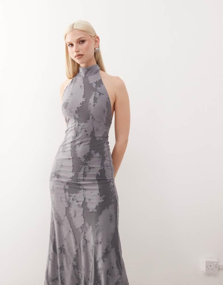 Weekday Weekday halter neck jacquard maxi dress in dark grey