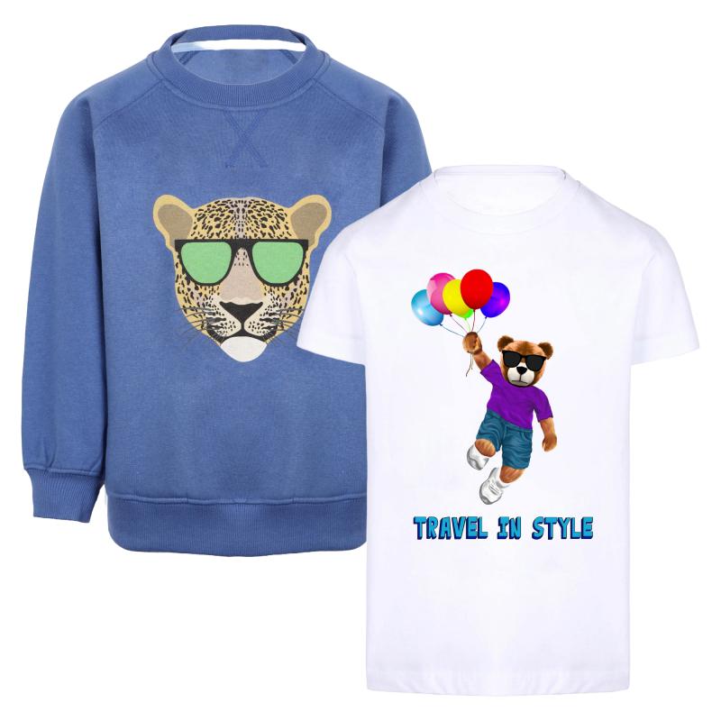 DON TEDDY Cool cheetah green sunglasses print royal blue sweatshirt and travel with style t shirt set
