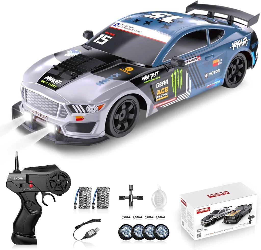 BBTEE RC Drift Car, Drifting RC Car 2.4GHz 1:16 Remote Control Cars 4WD High Speed Racing Vehicle with LED Lights Two Batteries and Drifting Tires Racing Sport Toy Cars for Adults Boys Girls Kids