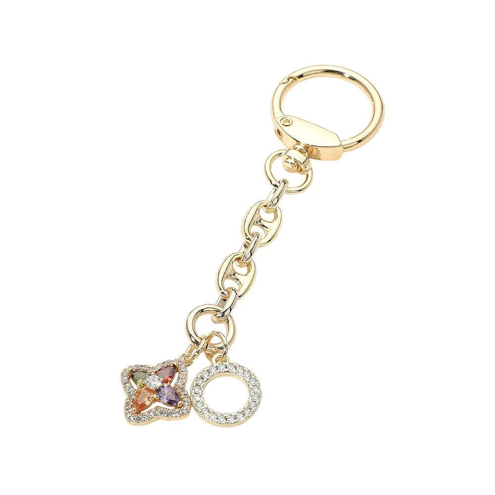 FASHNZFAB 14K Gold Plated CZ Clover Ring Charm Drop Keychain Bag Charm 2