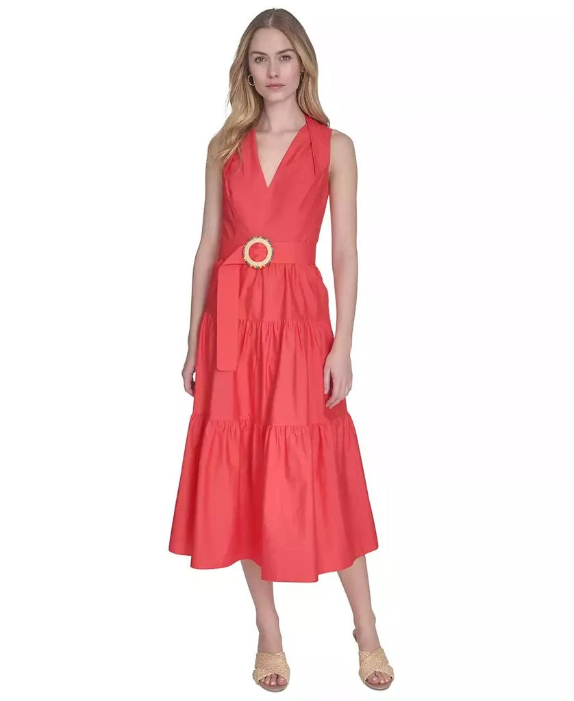 Shop Petite Cotton Belted Sleeveless Tiered Midi Dress on Sale at