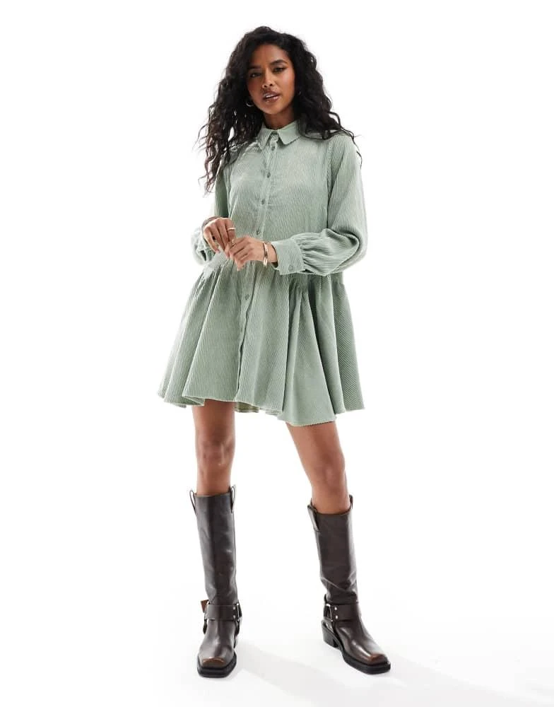 ASOS ASOS DESIGN cord smock mini dress with peplum hem in sage green 1